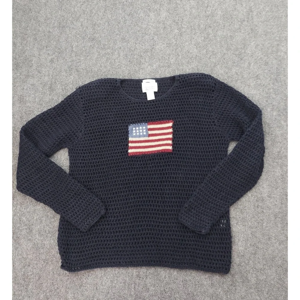 Vtg Christopher & Banks Flag Sweater Womens XL Blue FLAG Patriotic Hand Knit - Picture 1 of 10